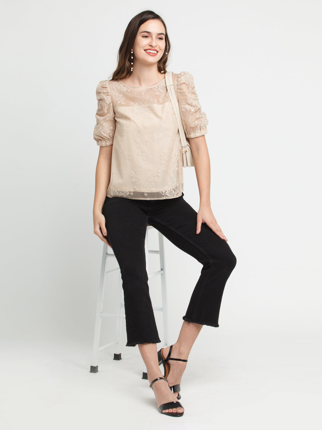 Beige Lace Puff Sleeve Top