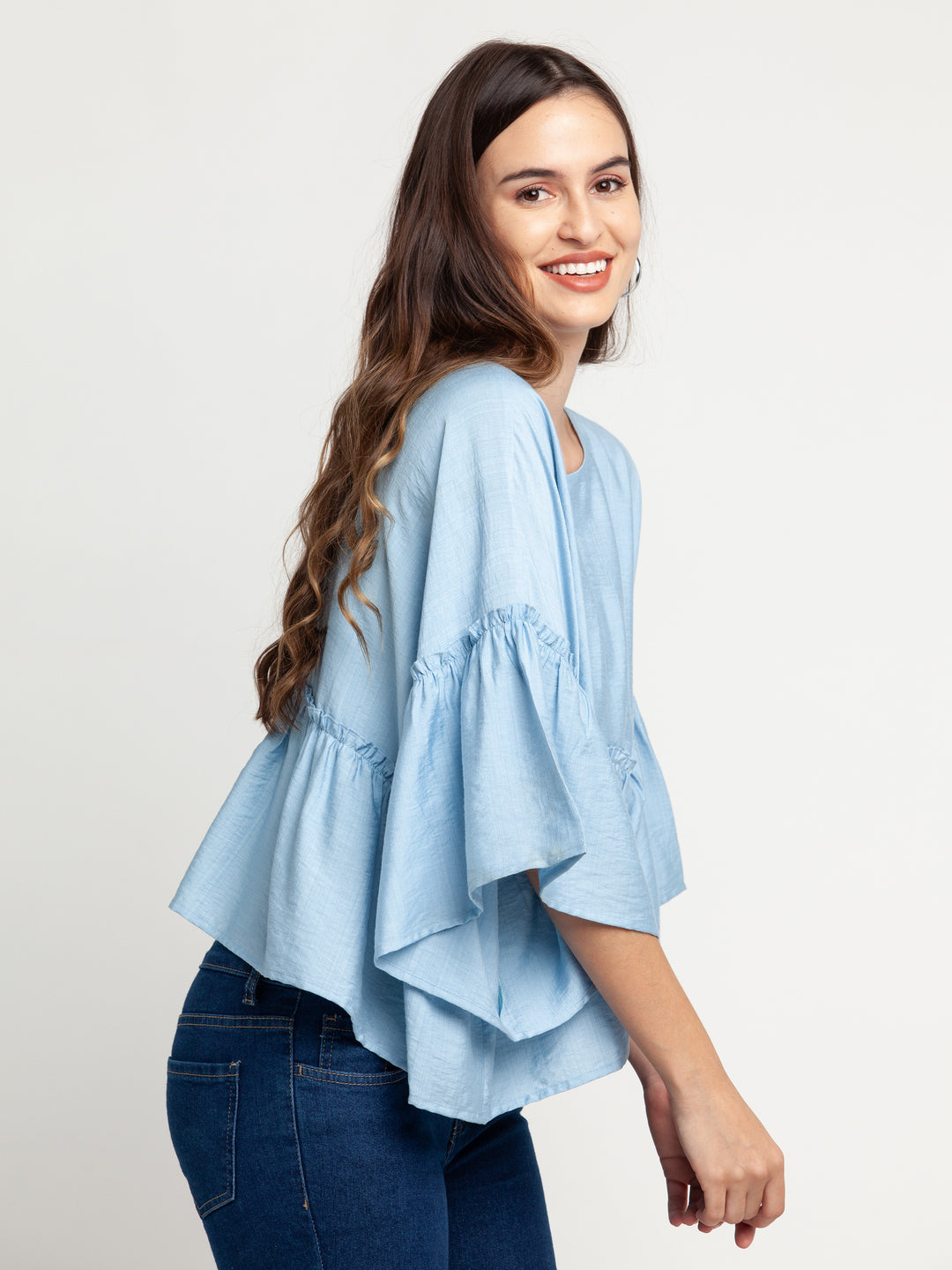 Blue Solid Tiered Top For Women