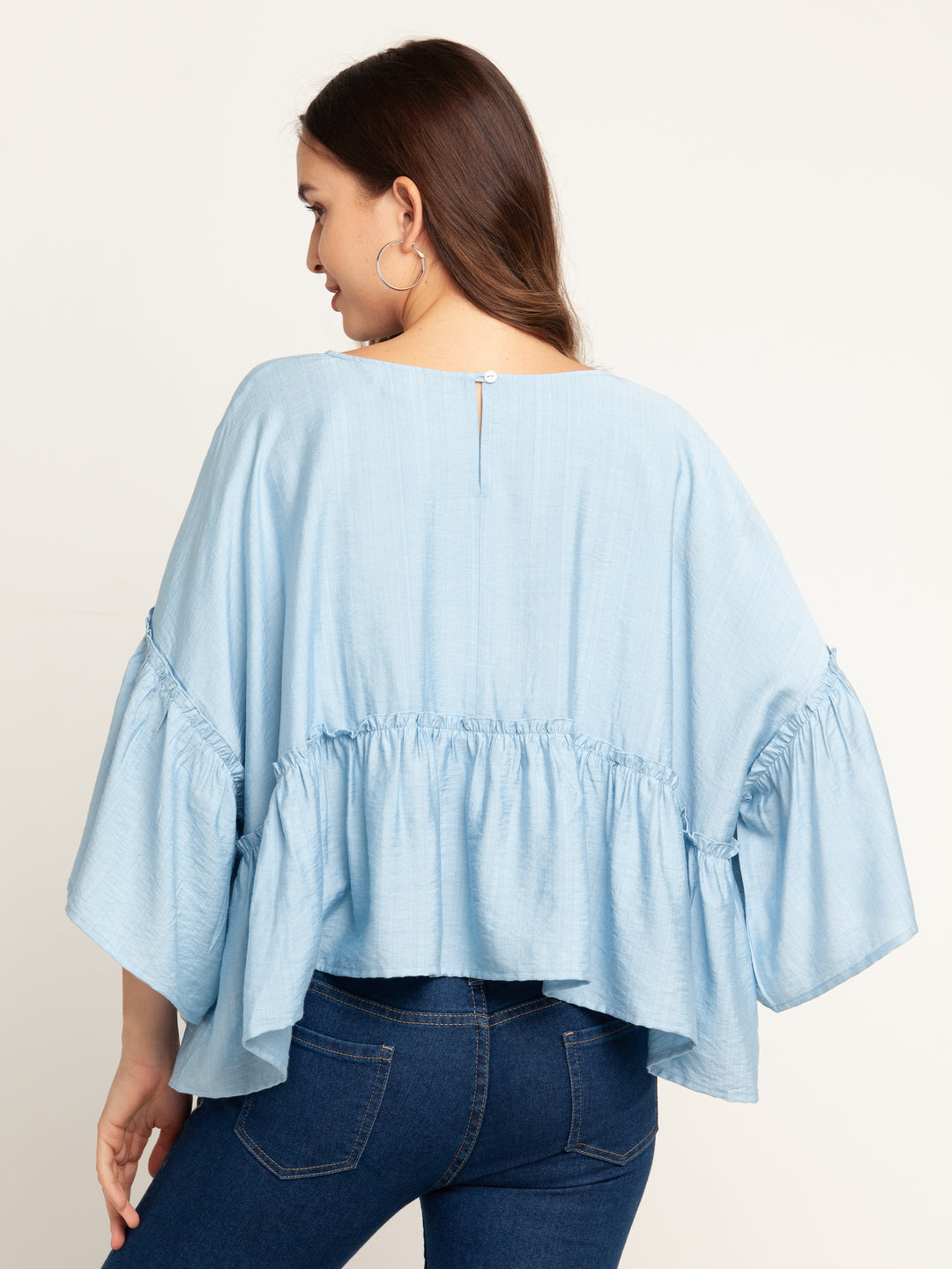 Blue Solid Tiered Top For Women