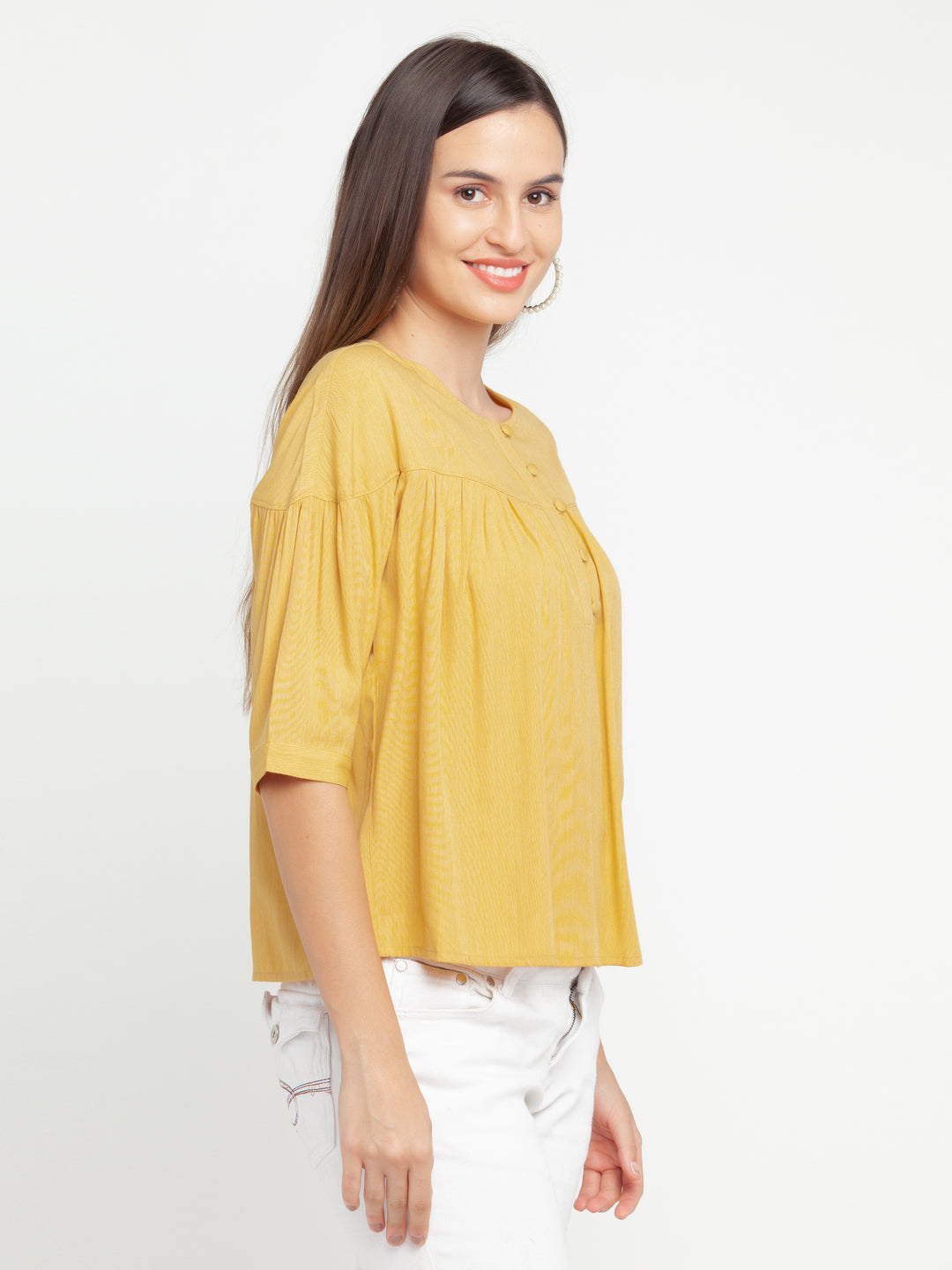 Yellow Solid Gathered Top For Women