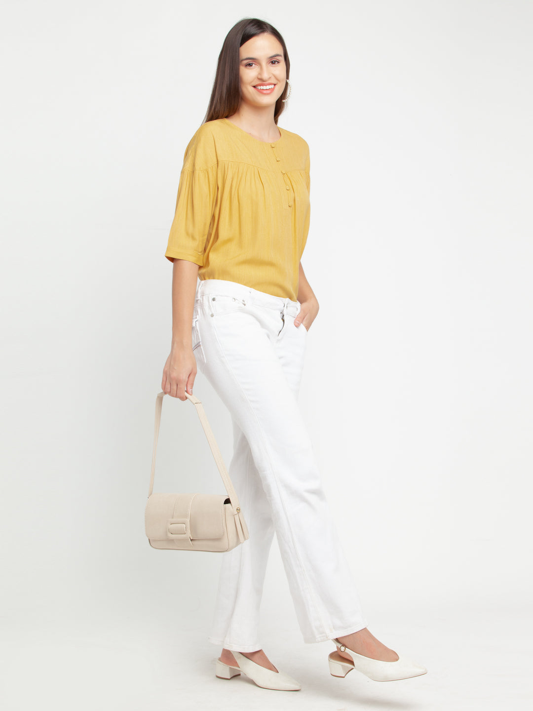 Yellow Solid Gathered Top For Women