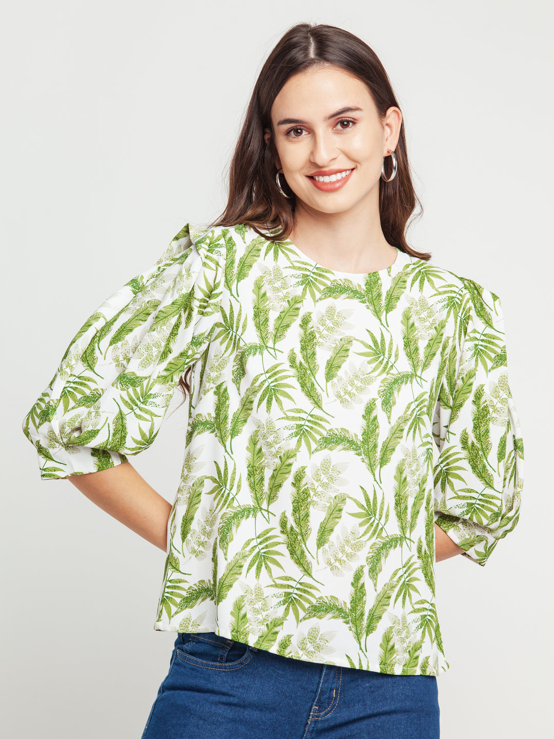 Off White Printed Puff Sleeve Top For Women