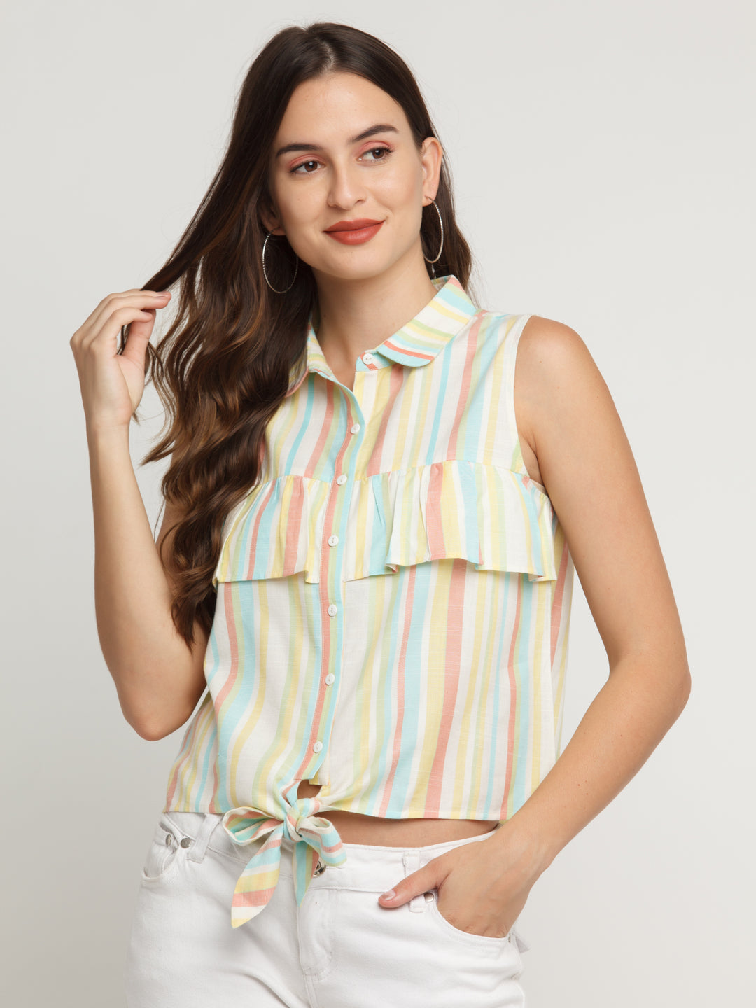 Multicolored Striped Ruffled Shirt For Women