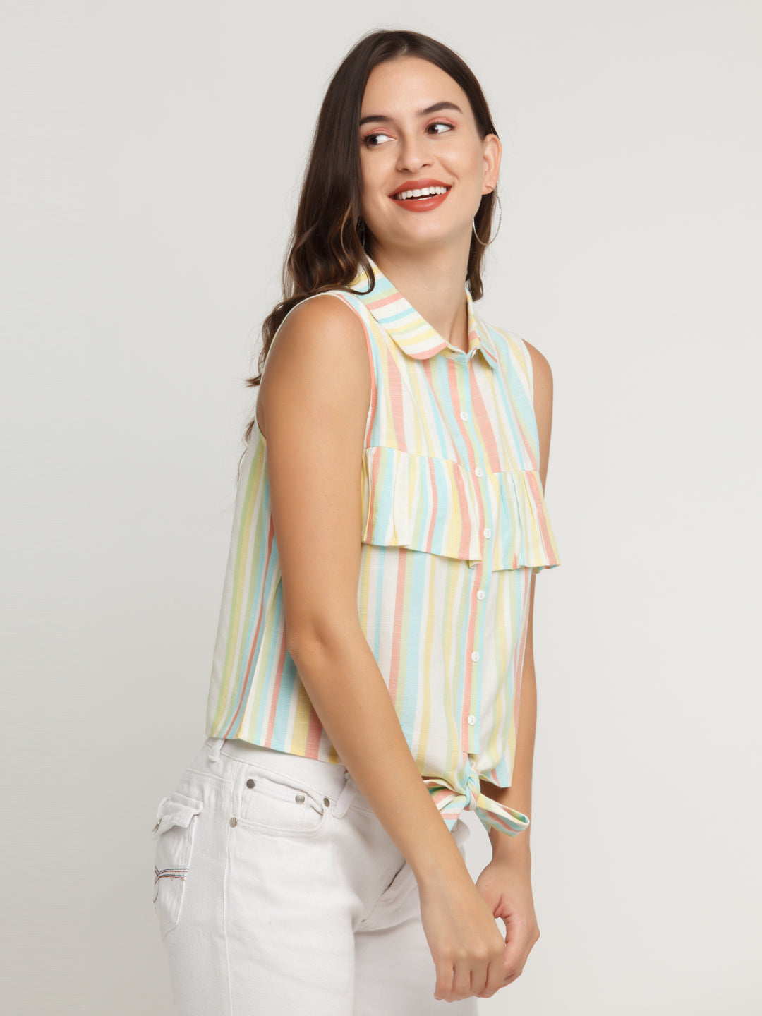 Multicolored Striped Ruffled Shirt For Women