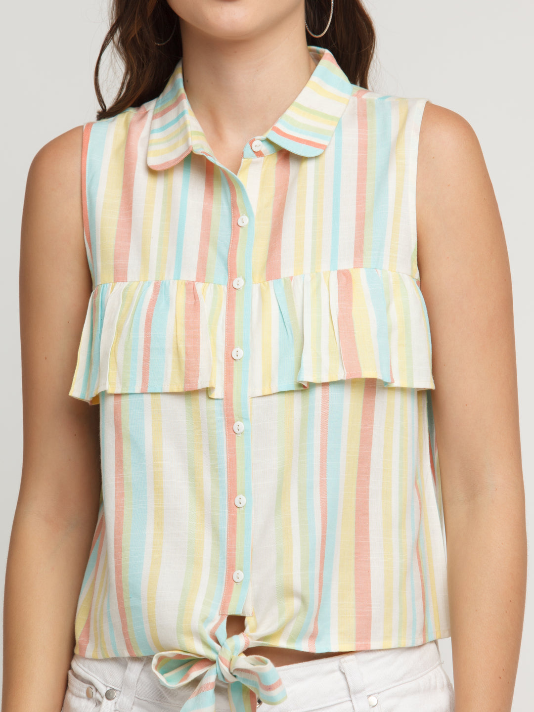 Multicolored Striped Ruffled Shirt For Women