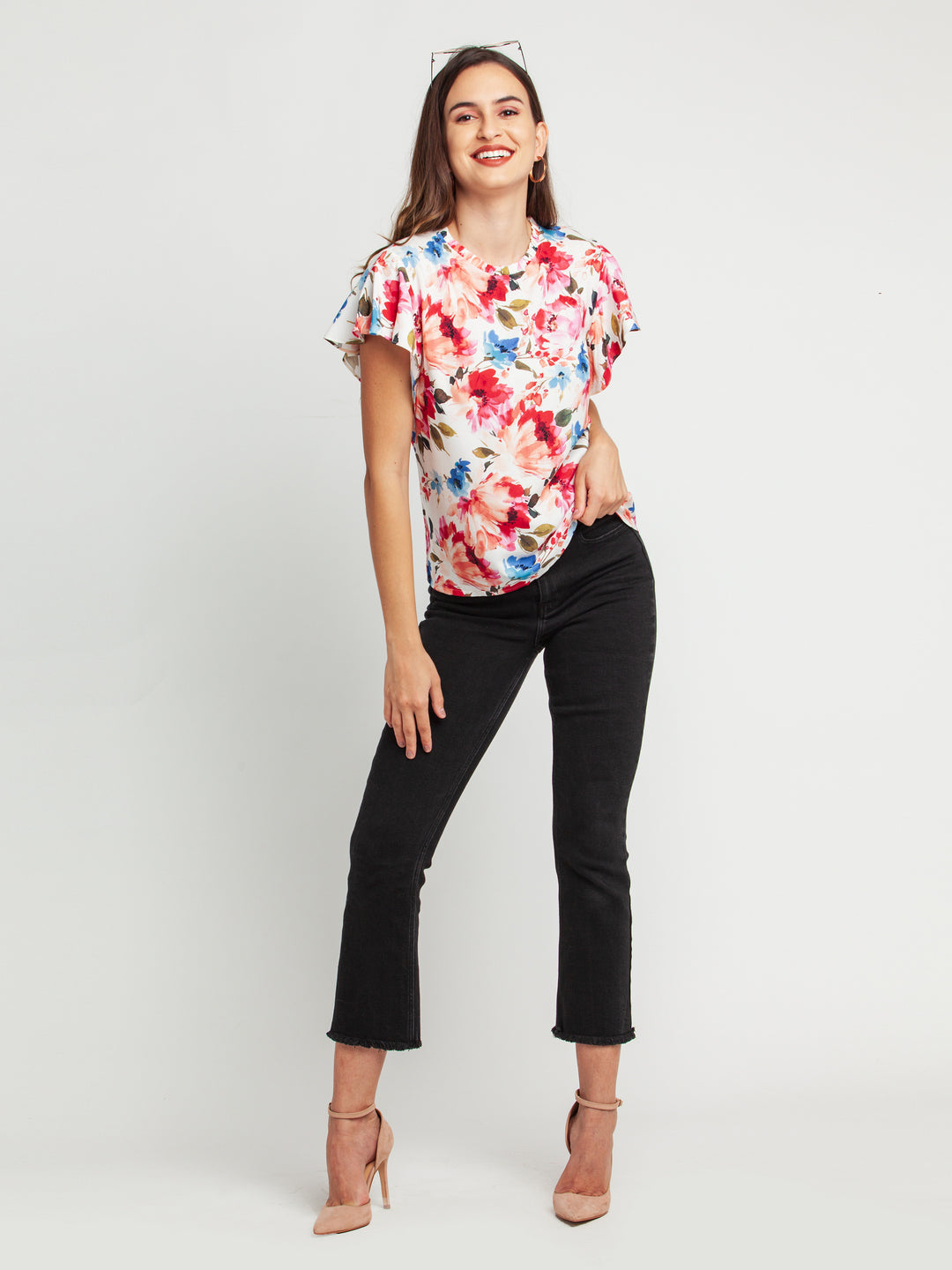 Off White Printed Flared Sleeve Top