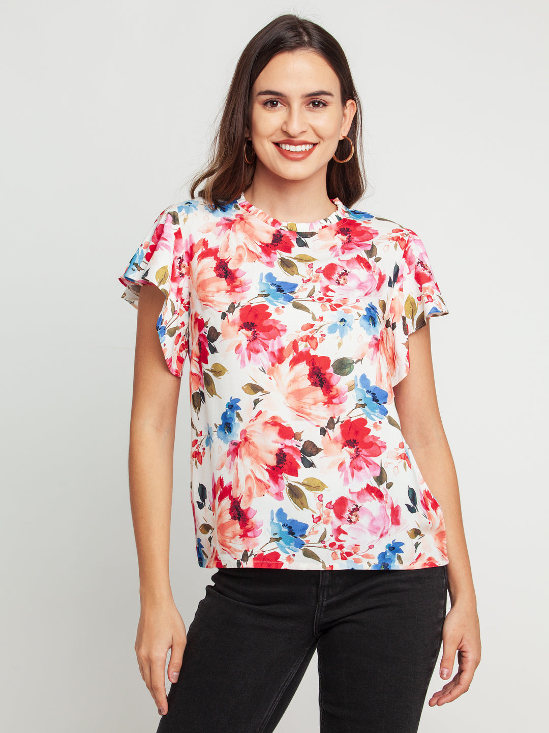 Off White Printed Flared Sleeve Top