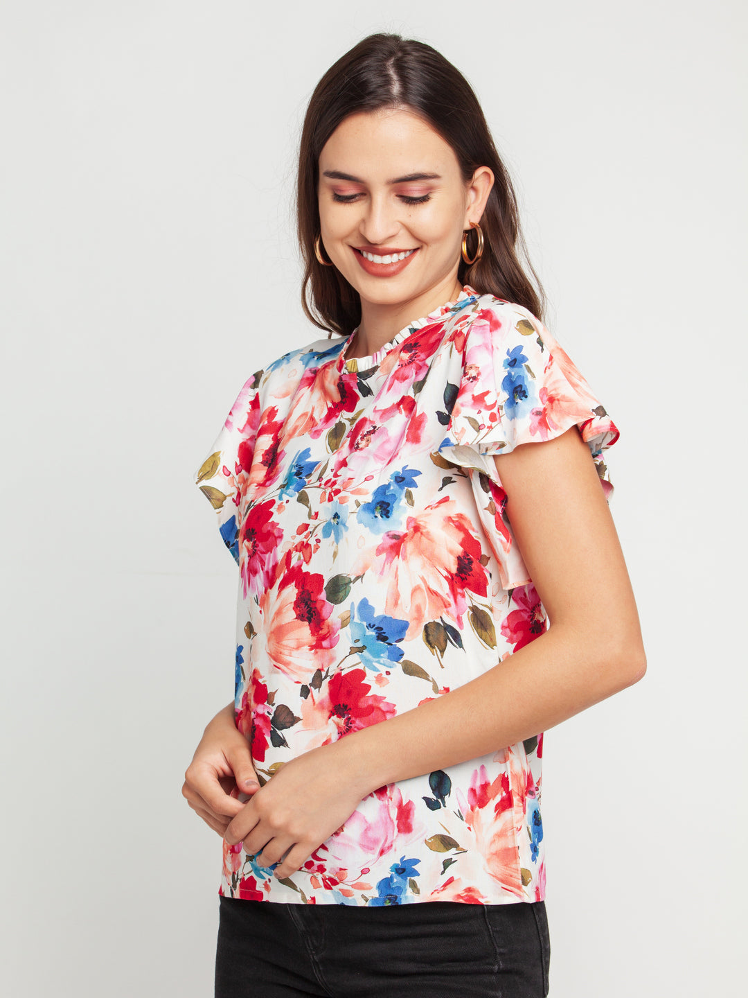 Off White Printed Flared Sleeve Top For Women
