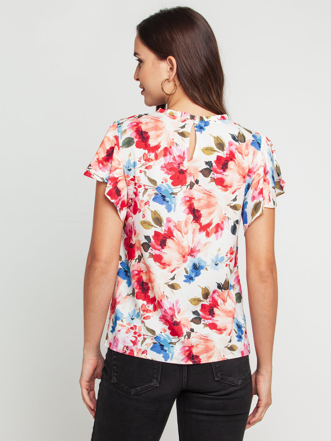 Off White Printed Flared Sleeve Top For Women