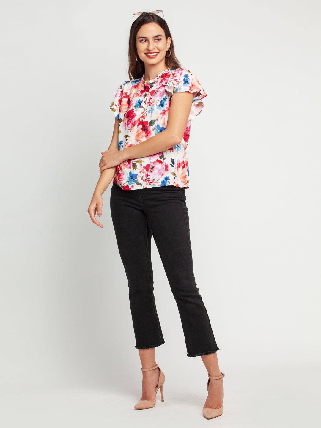 Off White Printed Flared Sleeve Top