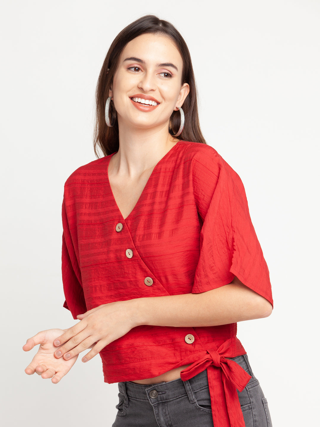 Red Solid Tie-Up Top For Women