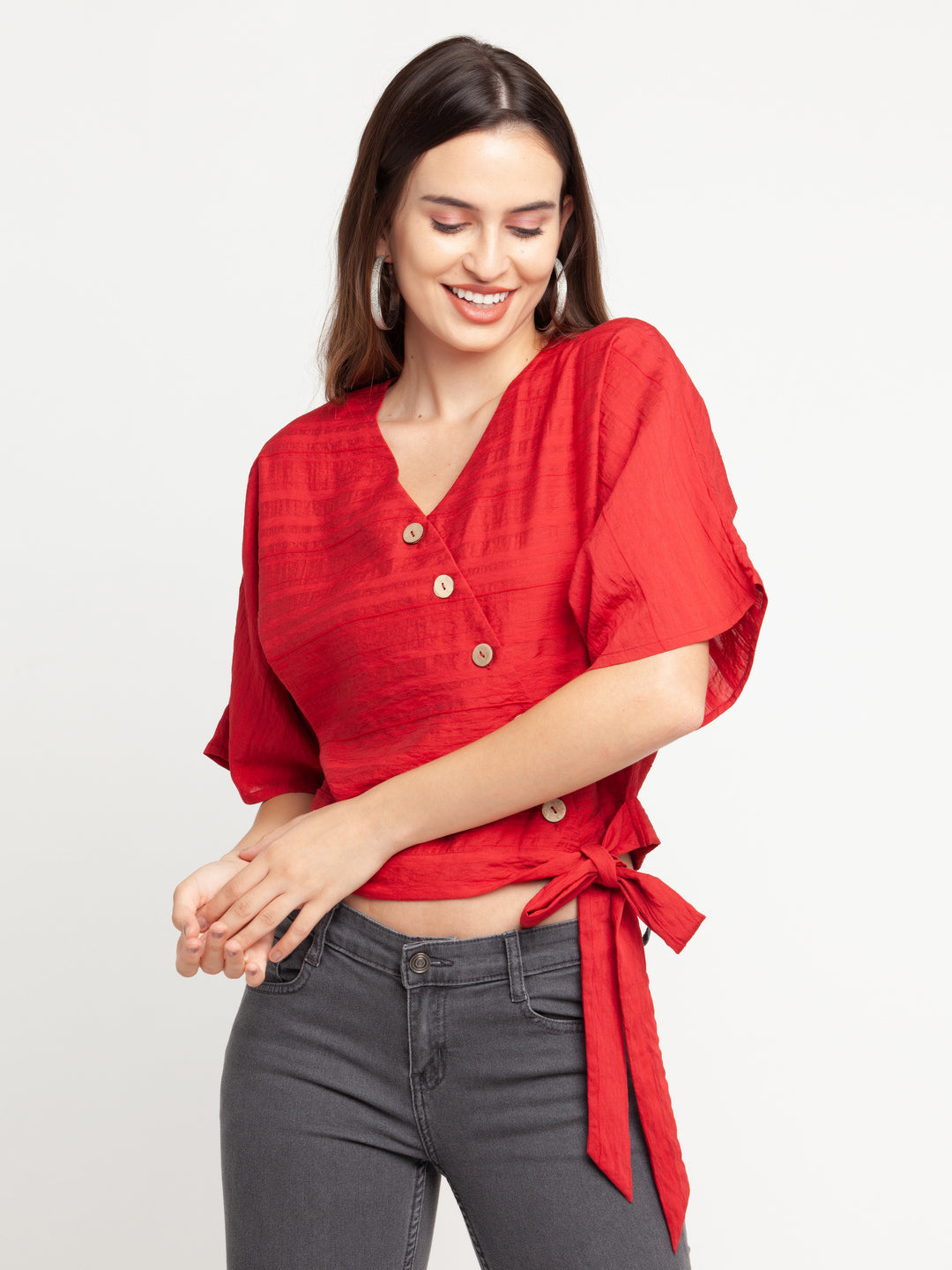 Red Solid Tie-Up Top For Women