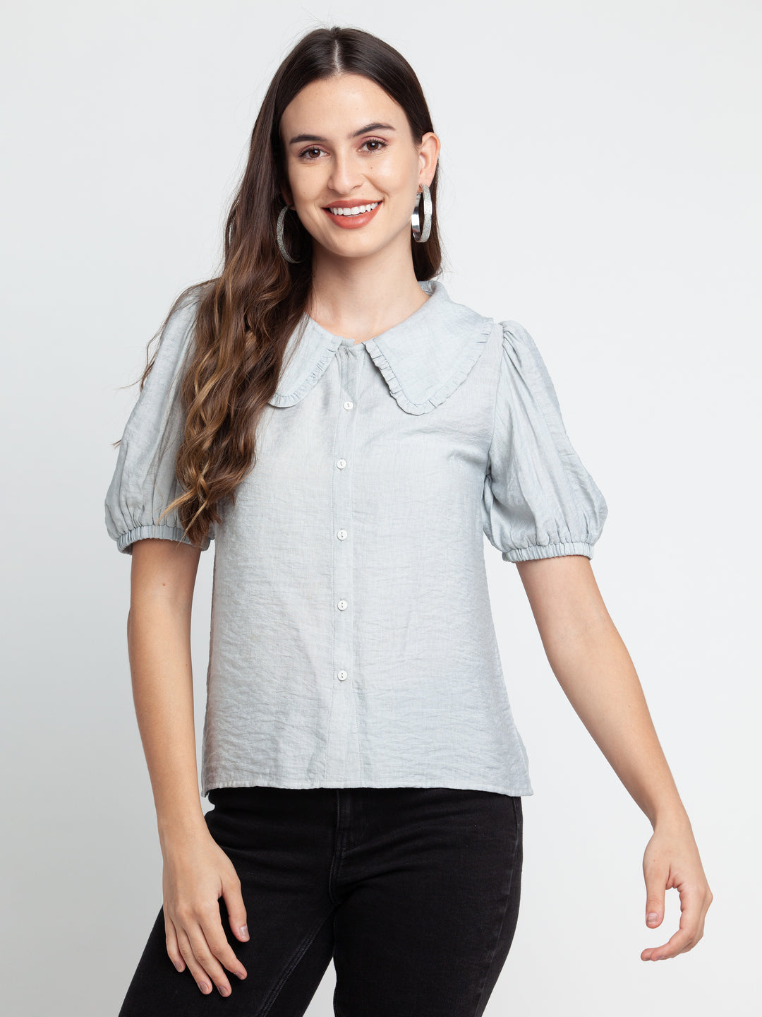 Grey Solid Pleated Shirt