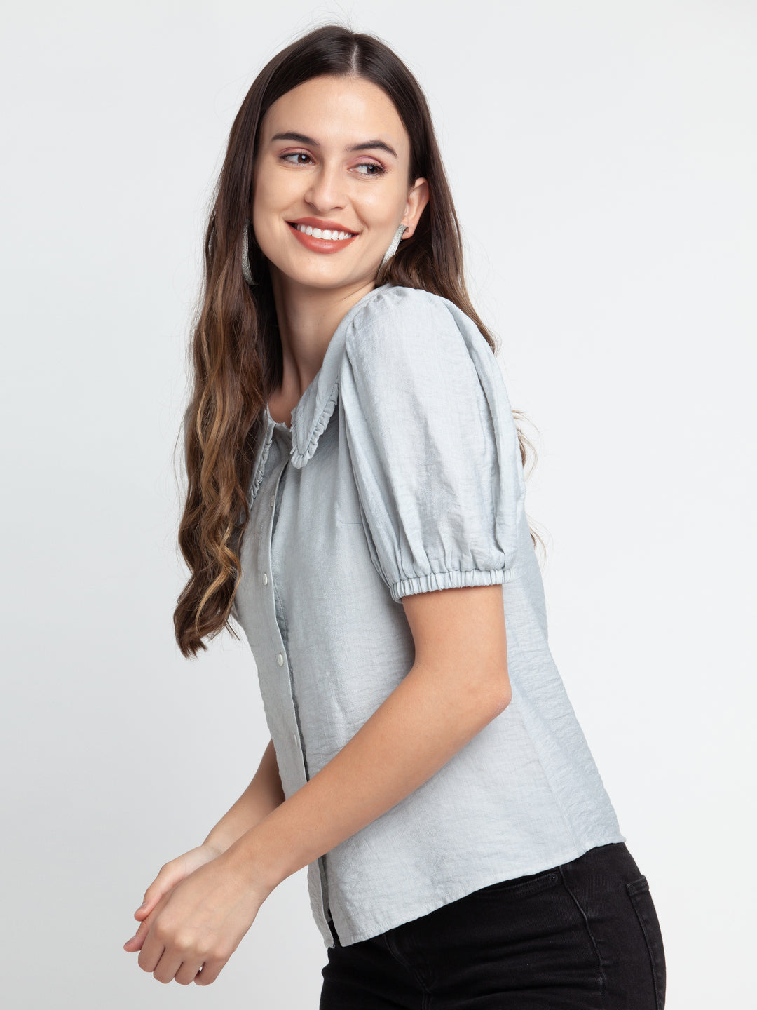 Grey Solid Pleated Shirt