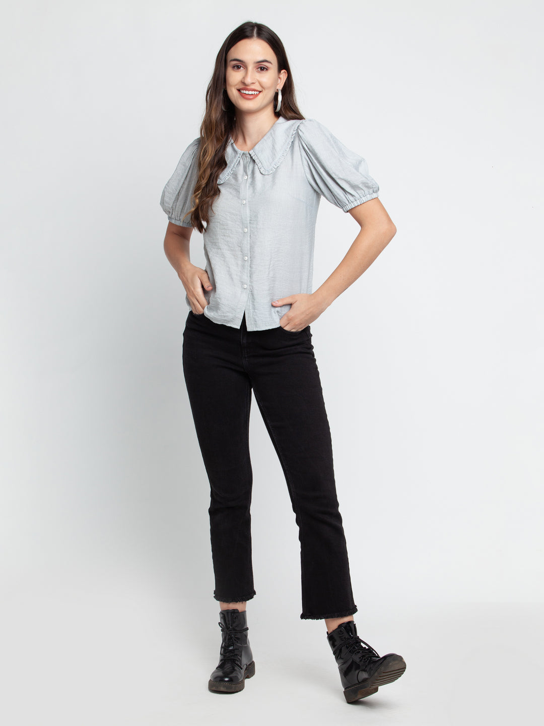 Grey Solid Pleated Shirt For Women