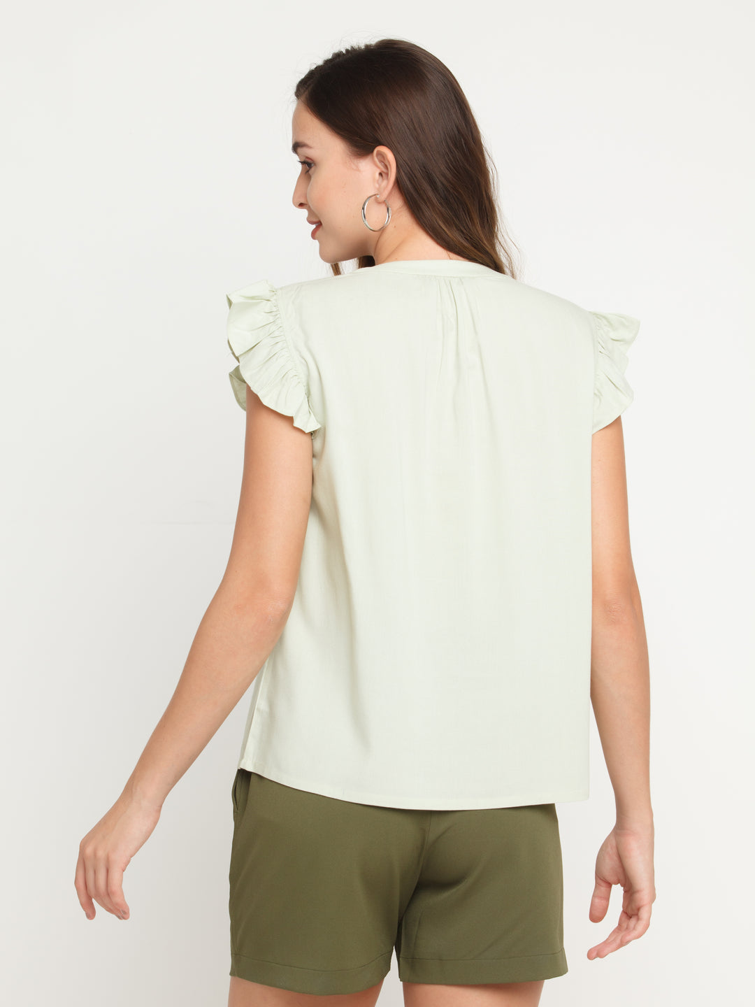 Green Solid Gathered Top For Women