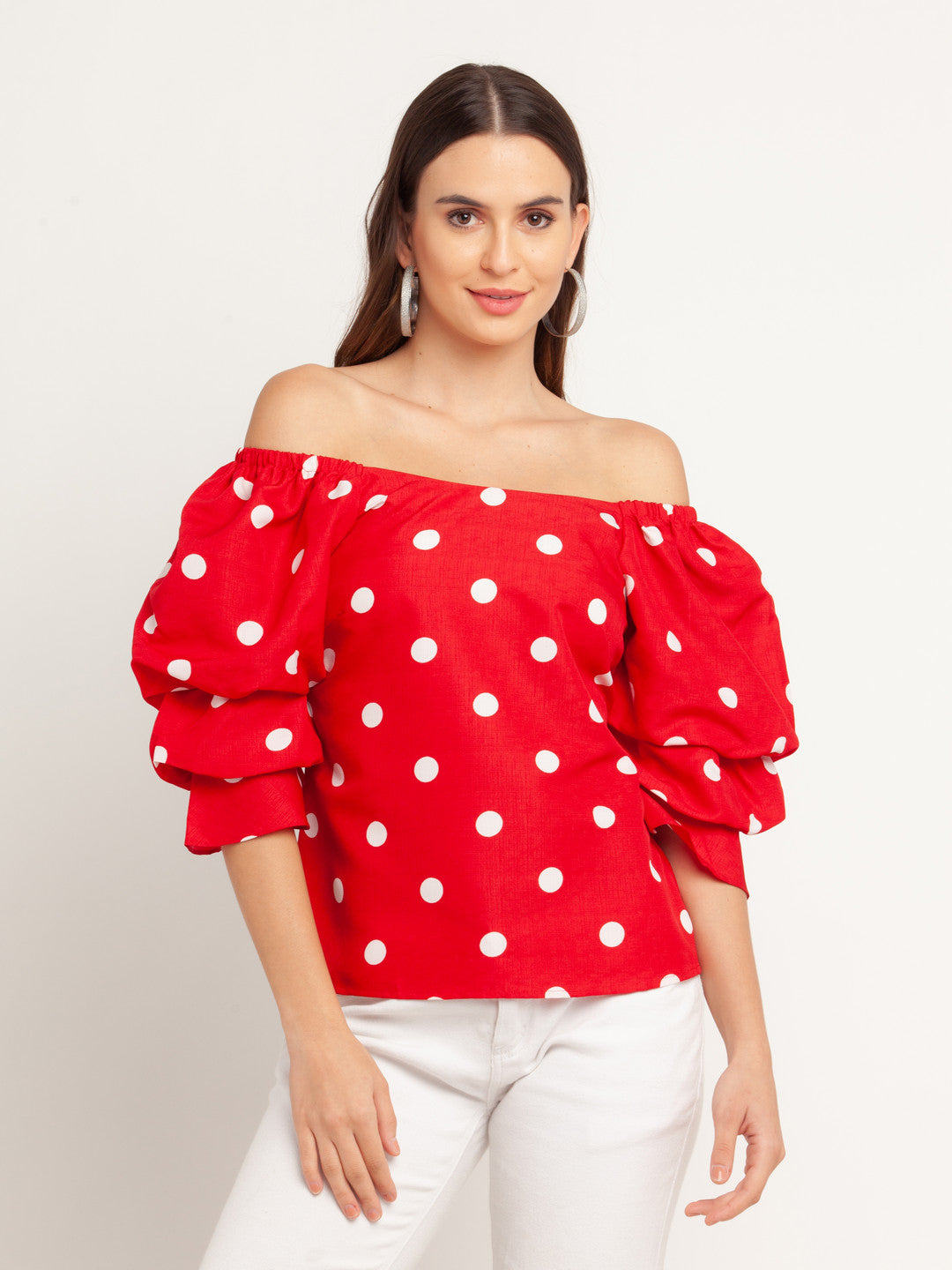 Red Printed Puff Sleeve Top For Women