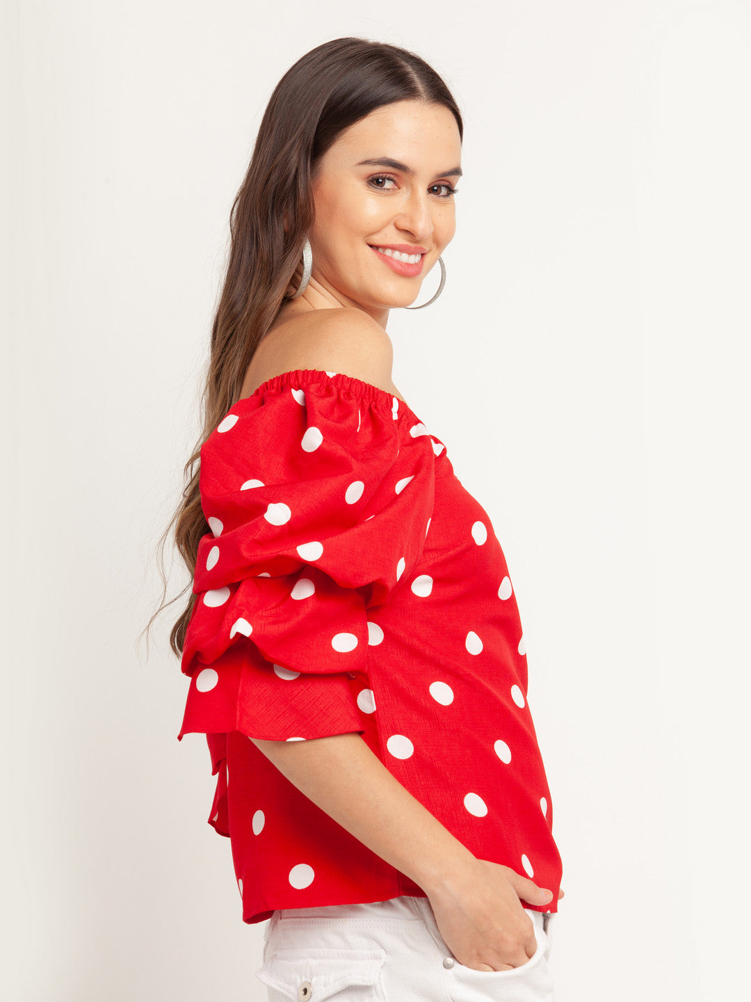 Red Printed Puff Sleeve Top For Women
