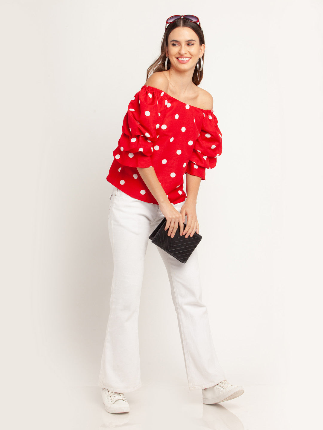 Red Printed Puff Sleeve Top For Women