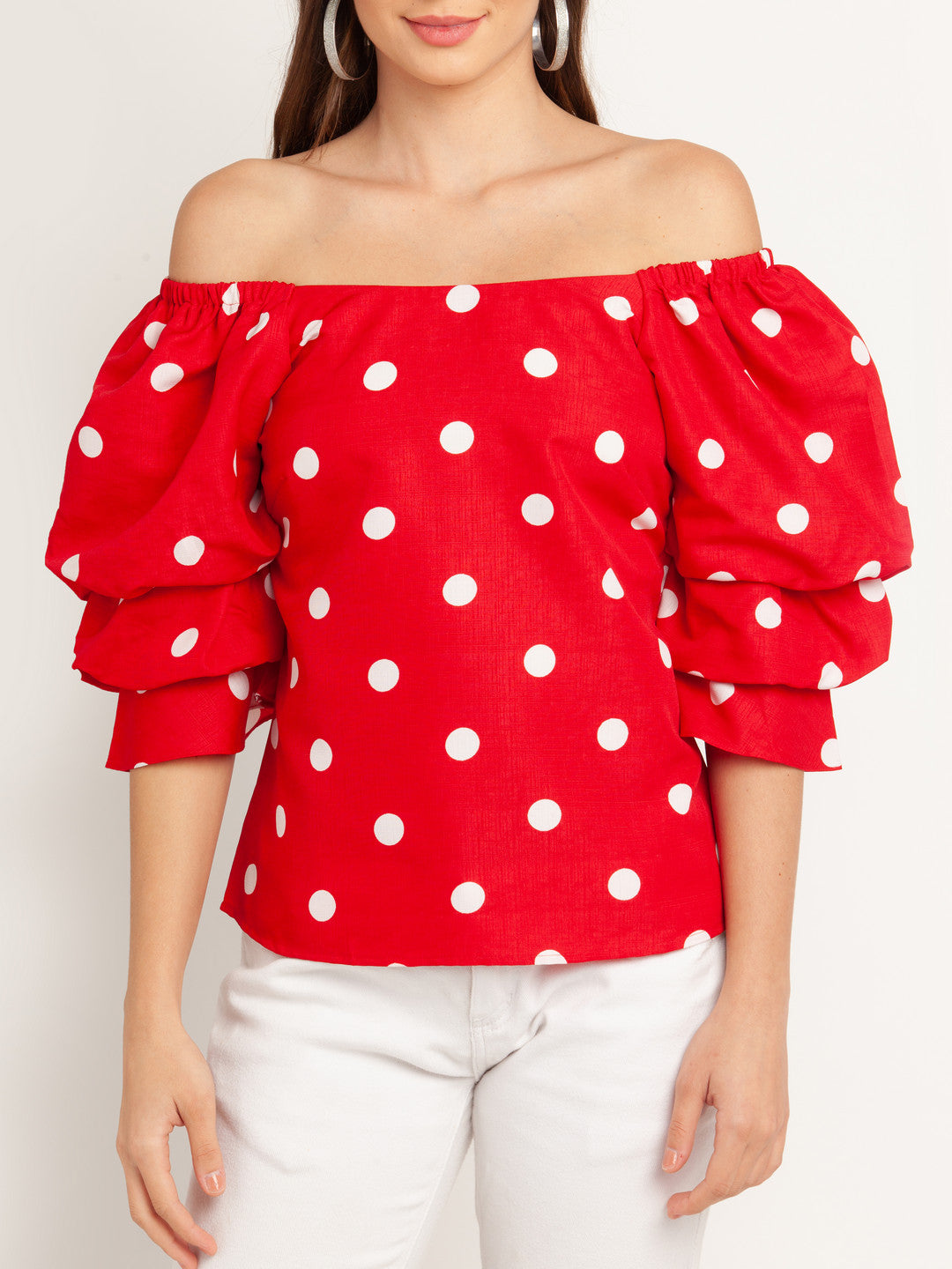 Red Printed Puff Sleeve Top For Women