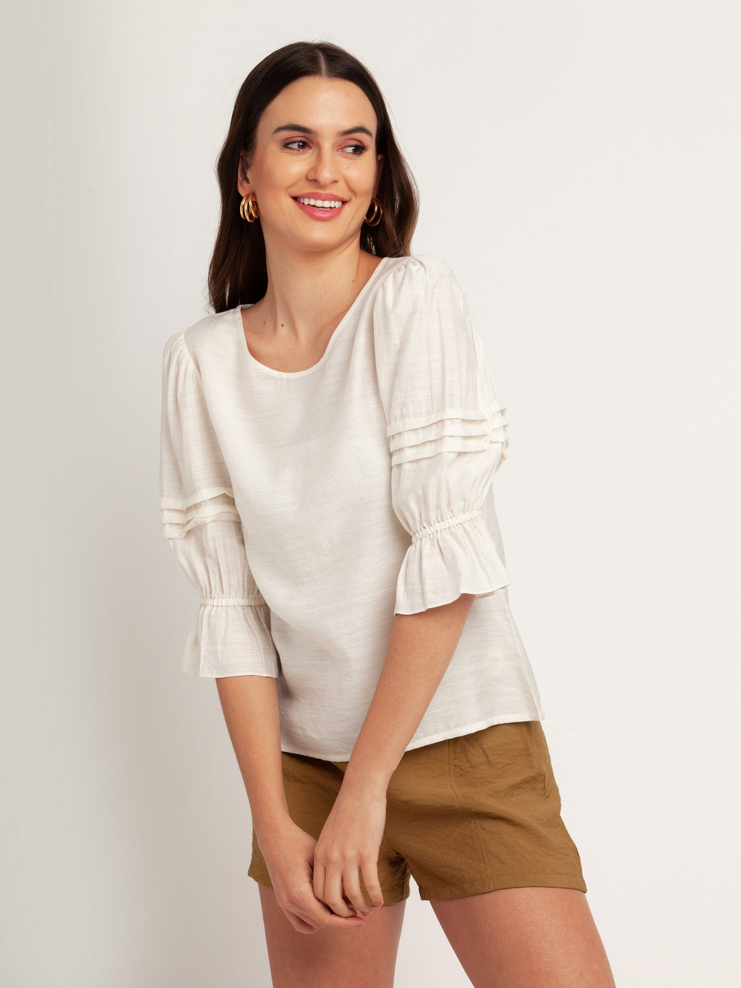 White Solid Puff Sleeve Top For Women