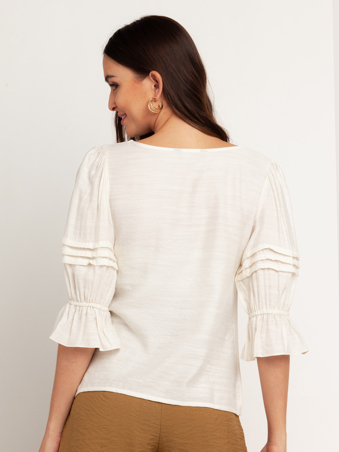 White Solid Puff Sleeve Top