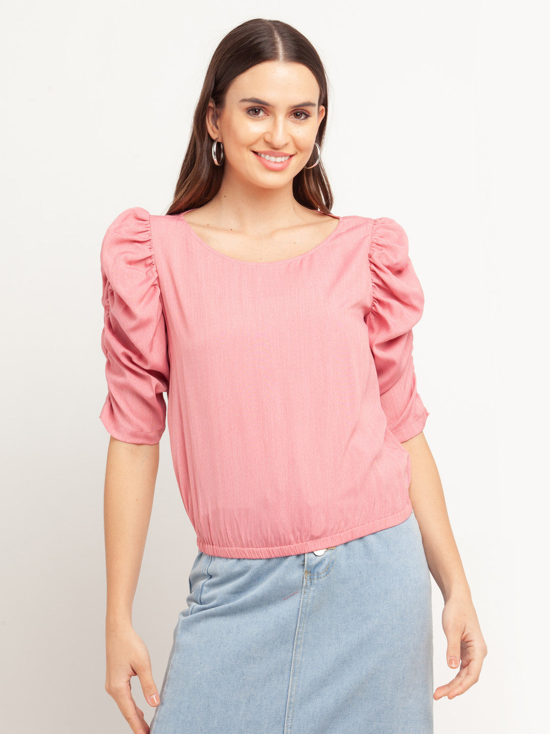 Pink Solid Puff Sleeve Top