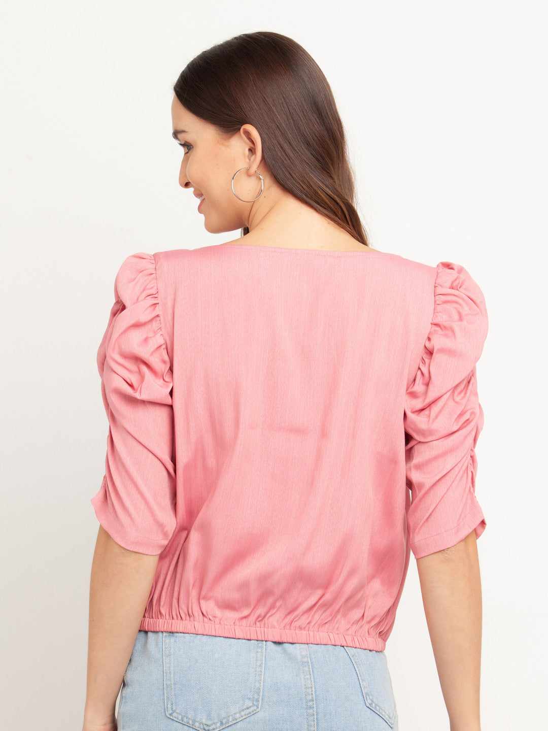 Pink Solid Puff Sleeve Top