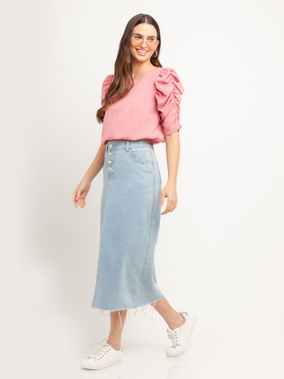 Pink Solid Puff Sleeve Top