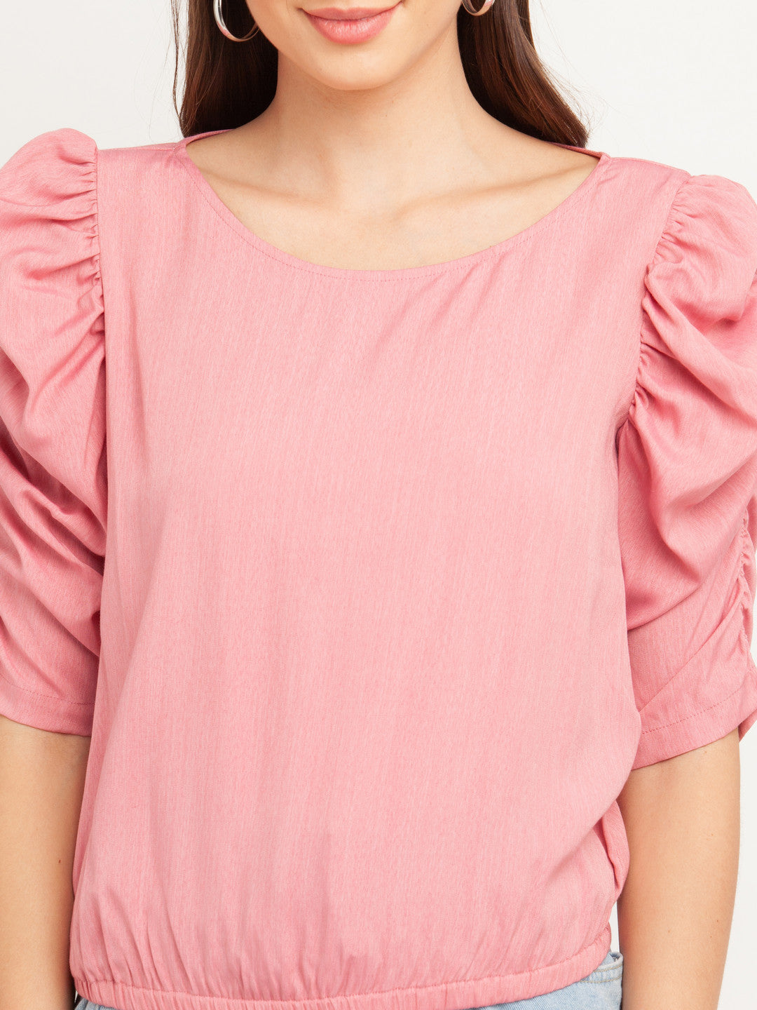 Pink Solid Puff Sleeve Top For Women