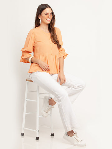 Orange Solid Gathered Top For Women