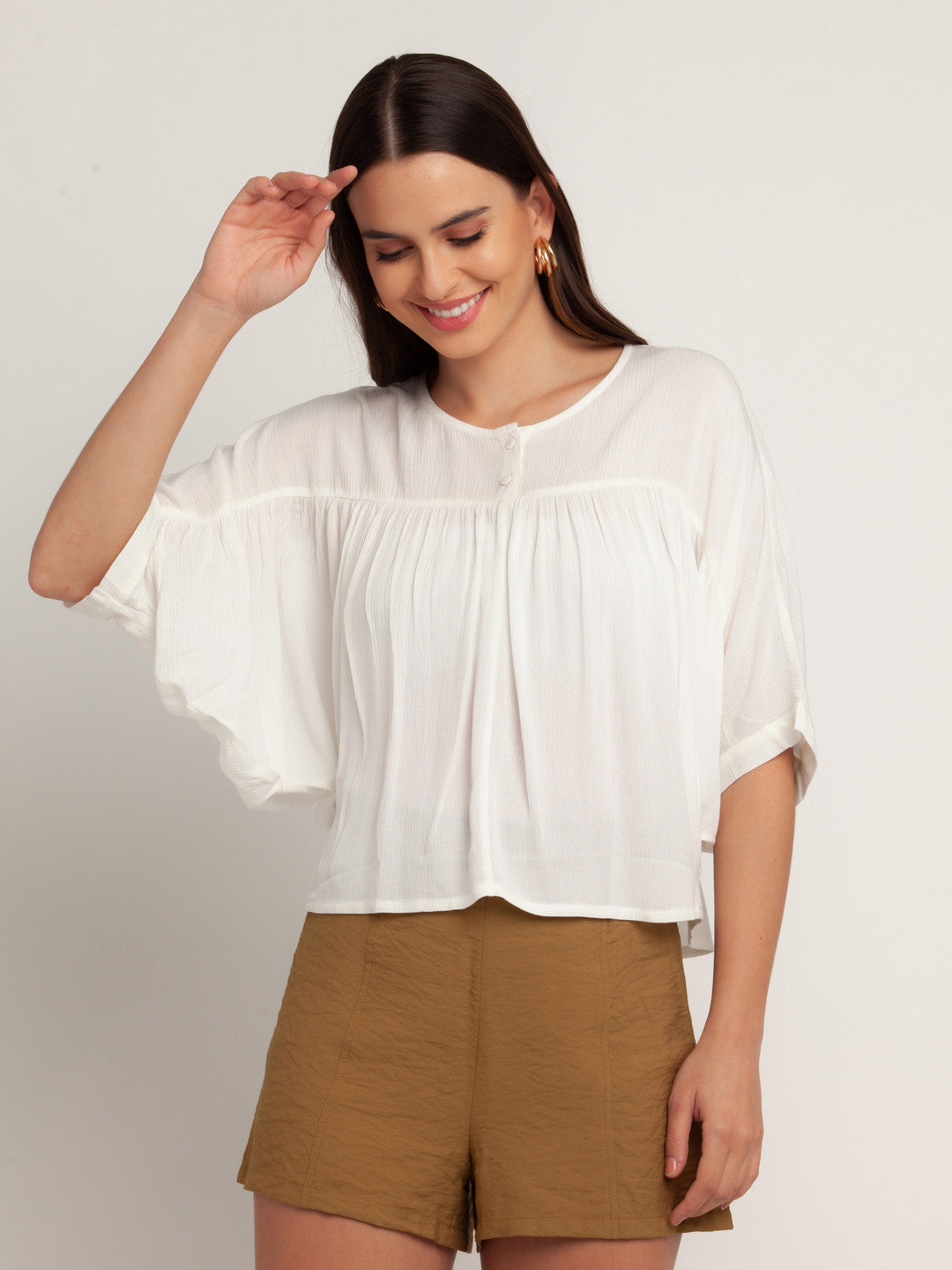 White Solid Gathered Top