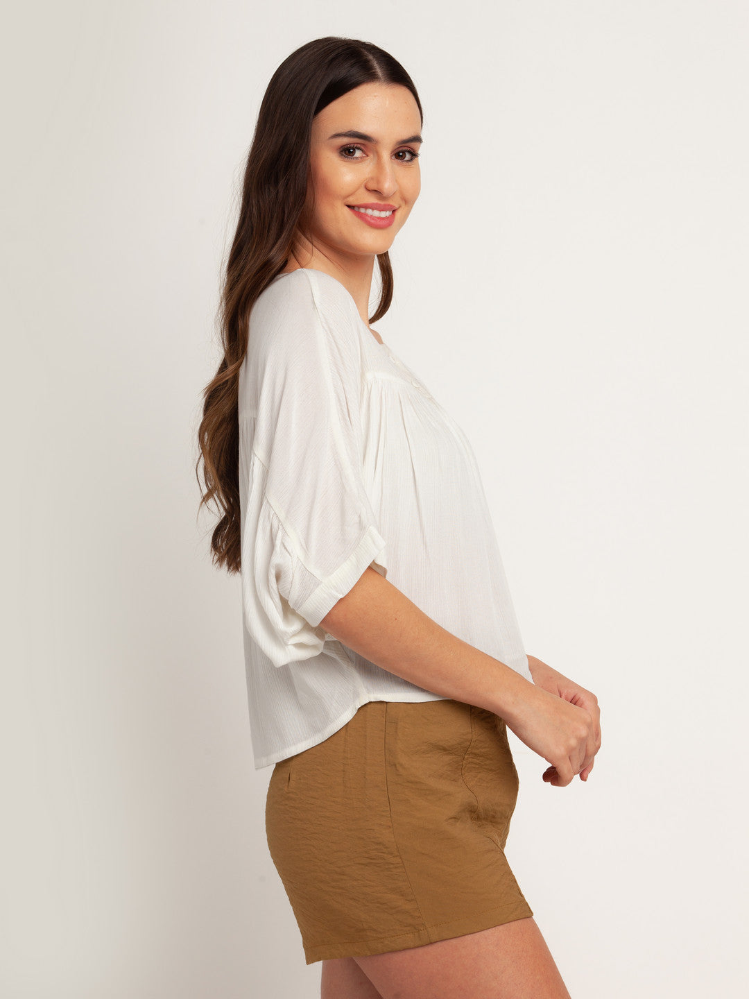 White Solid Gathered Top