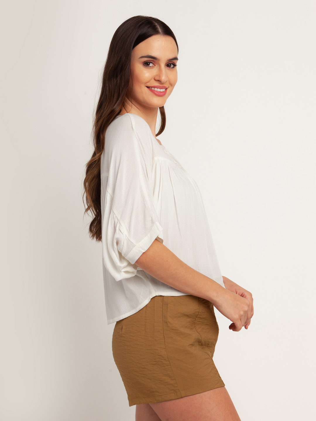 White Solid Gathered Top For Women
