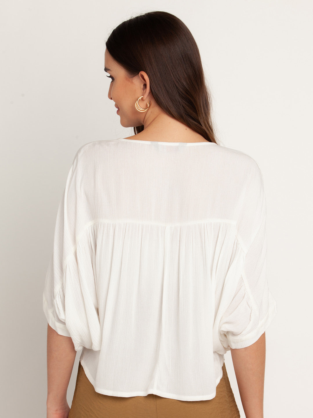 White Solid Gathered Top