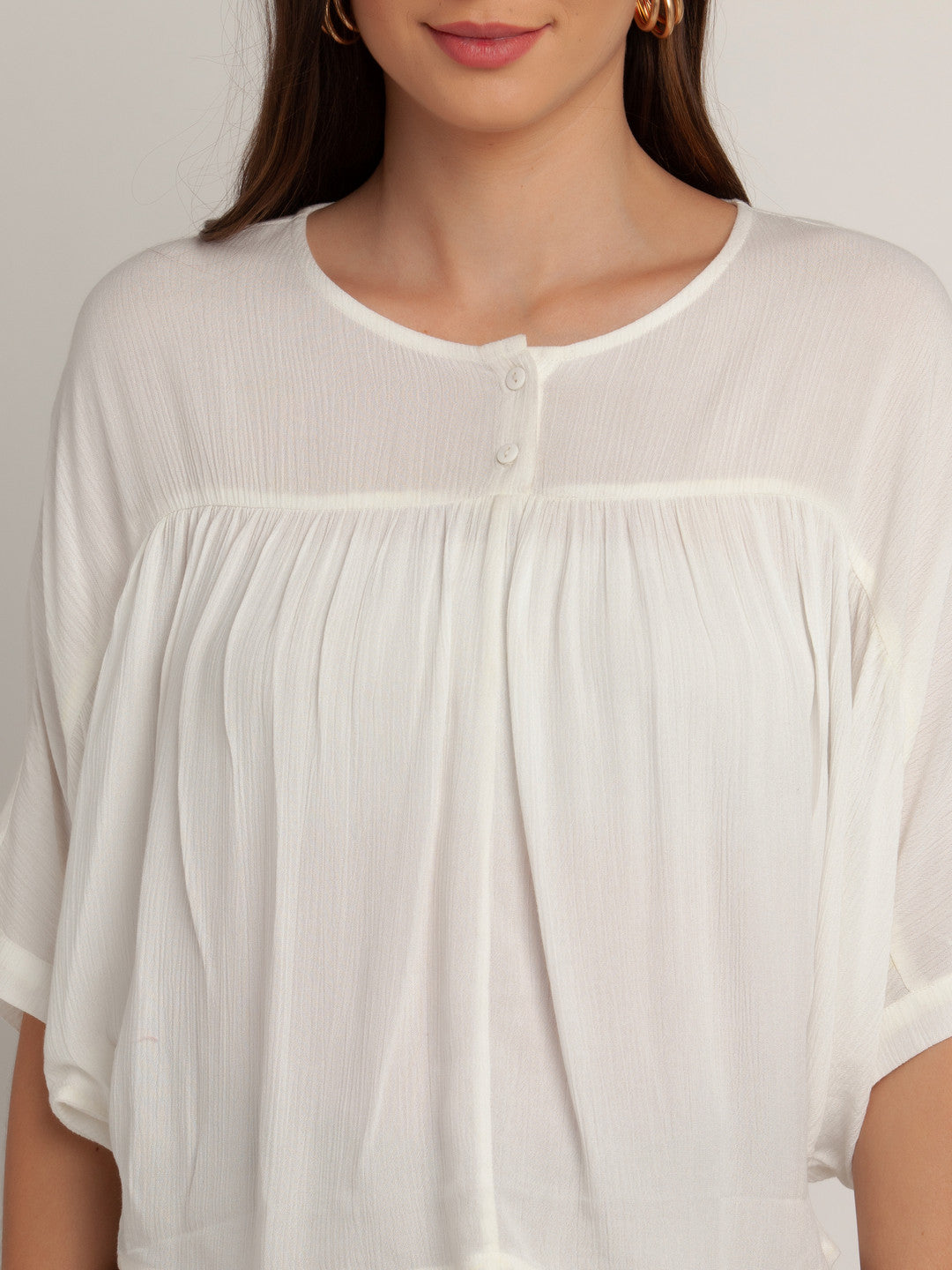 White Solid Gathered Top