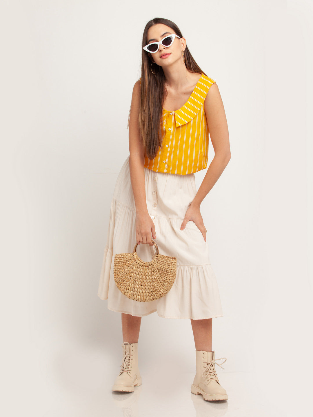 Yellow Printed Layered Top For Women