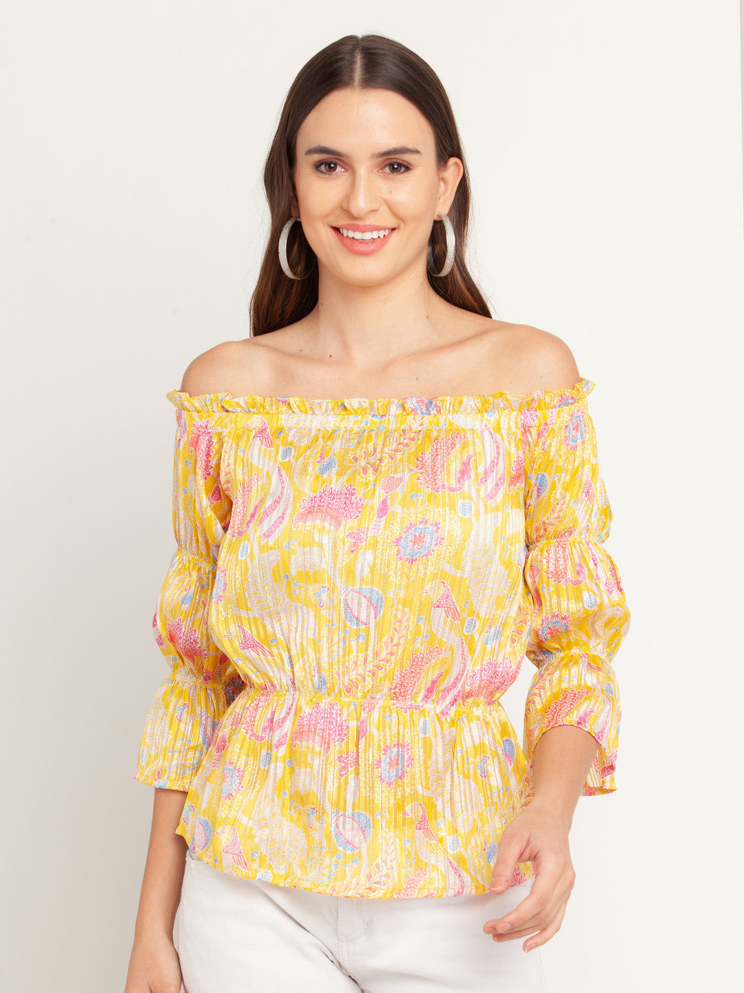 Yellow Printed Offhoulder Top For Women