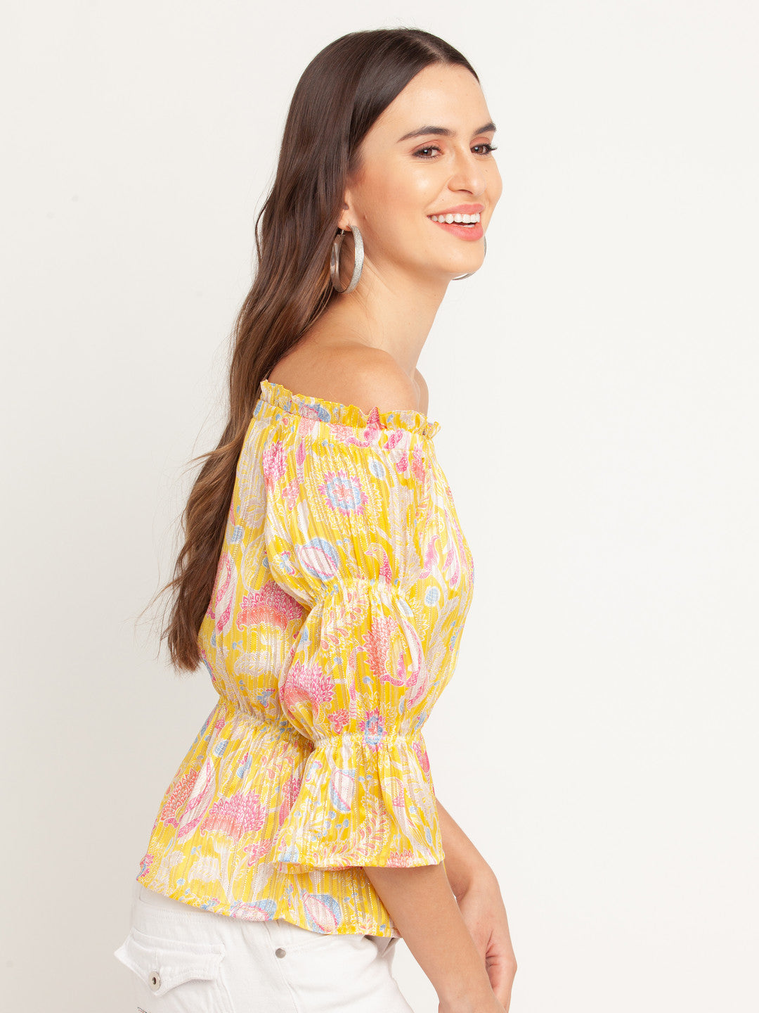 Yellow Printed Off-shoulder Top