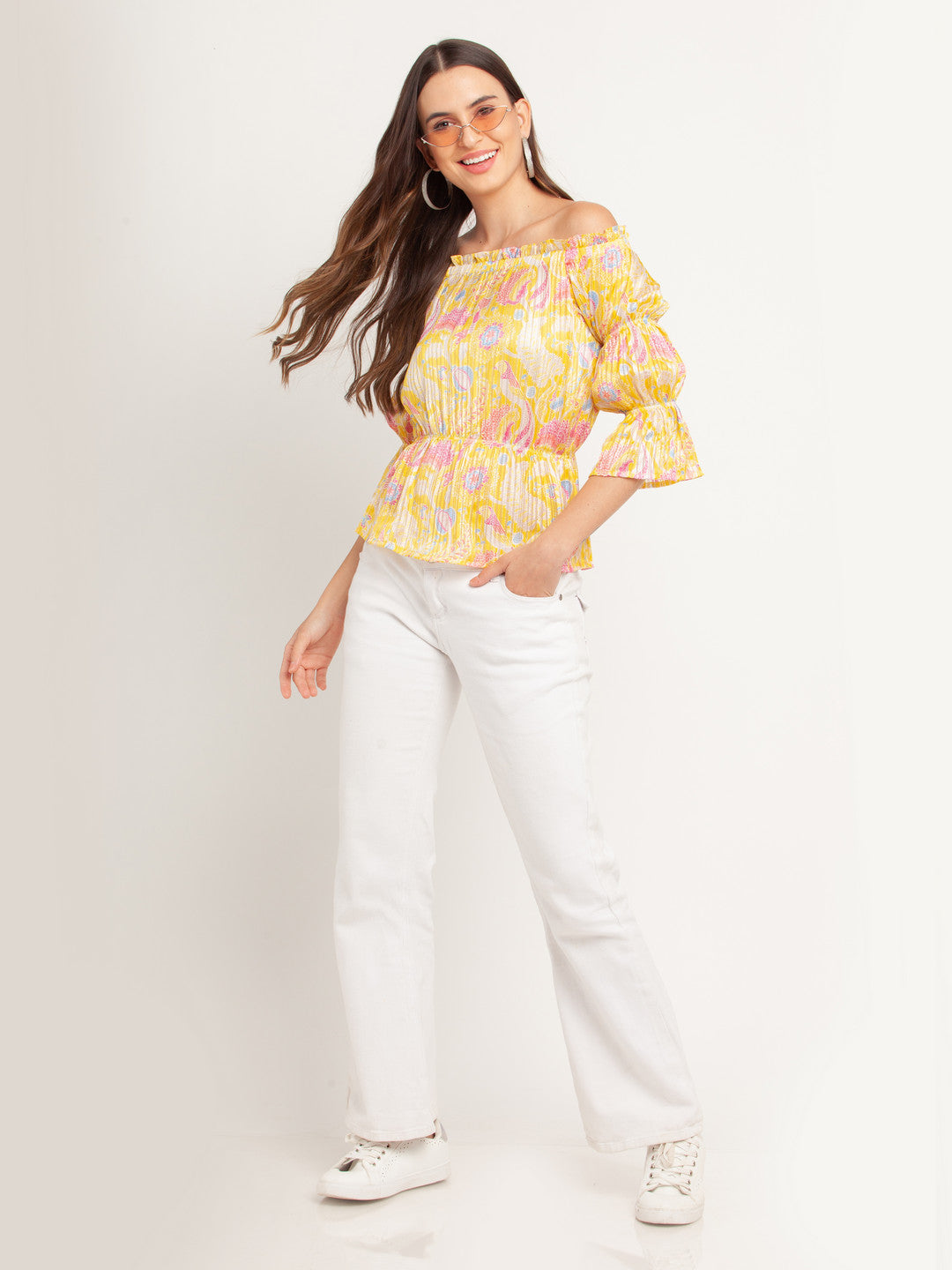 Yellow Printed Off-shoulder Top