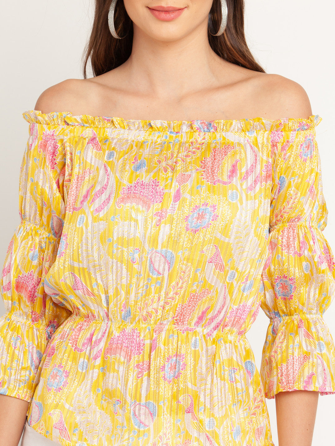 Yellow Printed Offhoulder Top For Women