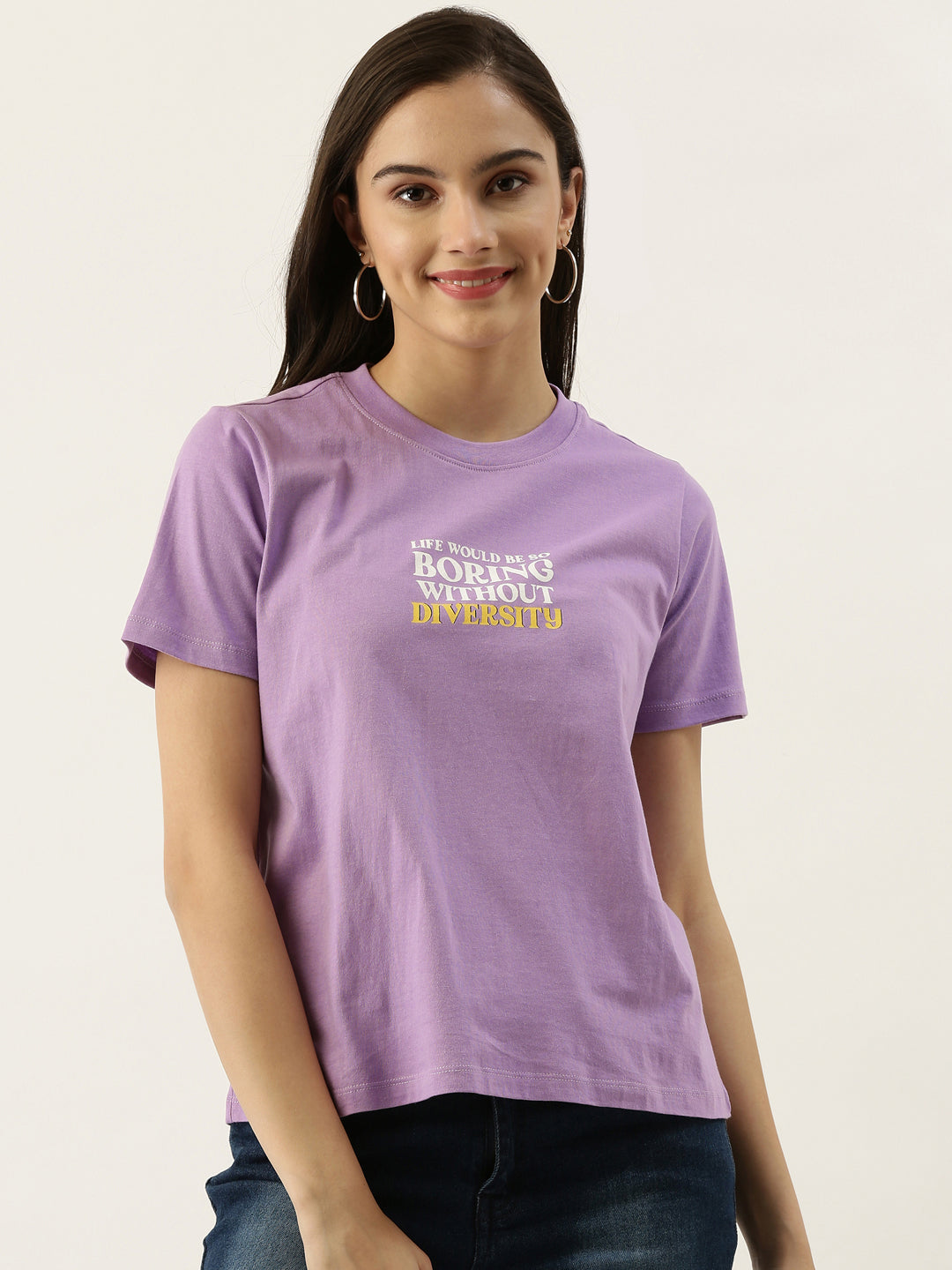 Purple Slogan Print Regular T-Shirt For Women