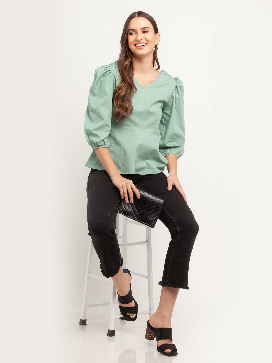 Green Solid Puff Sleeve Top