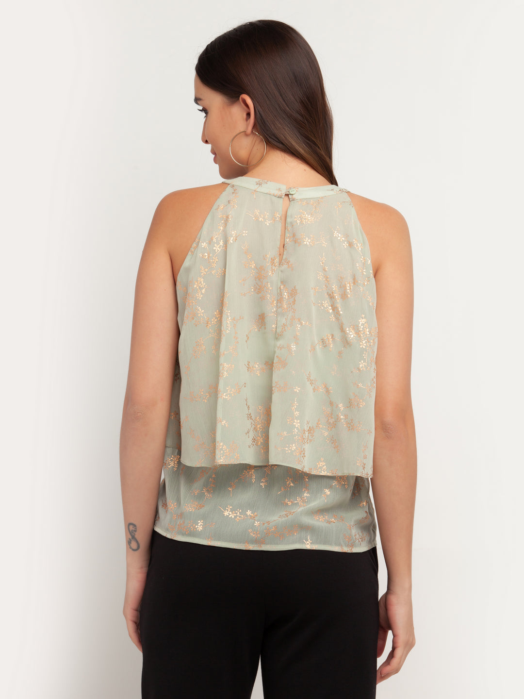 Green Printed Layered Top For Women