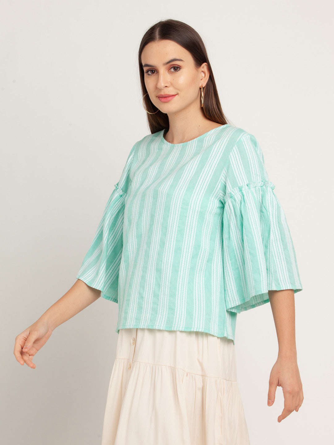 Green Striped Gathered Top For Women