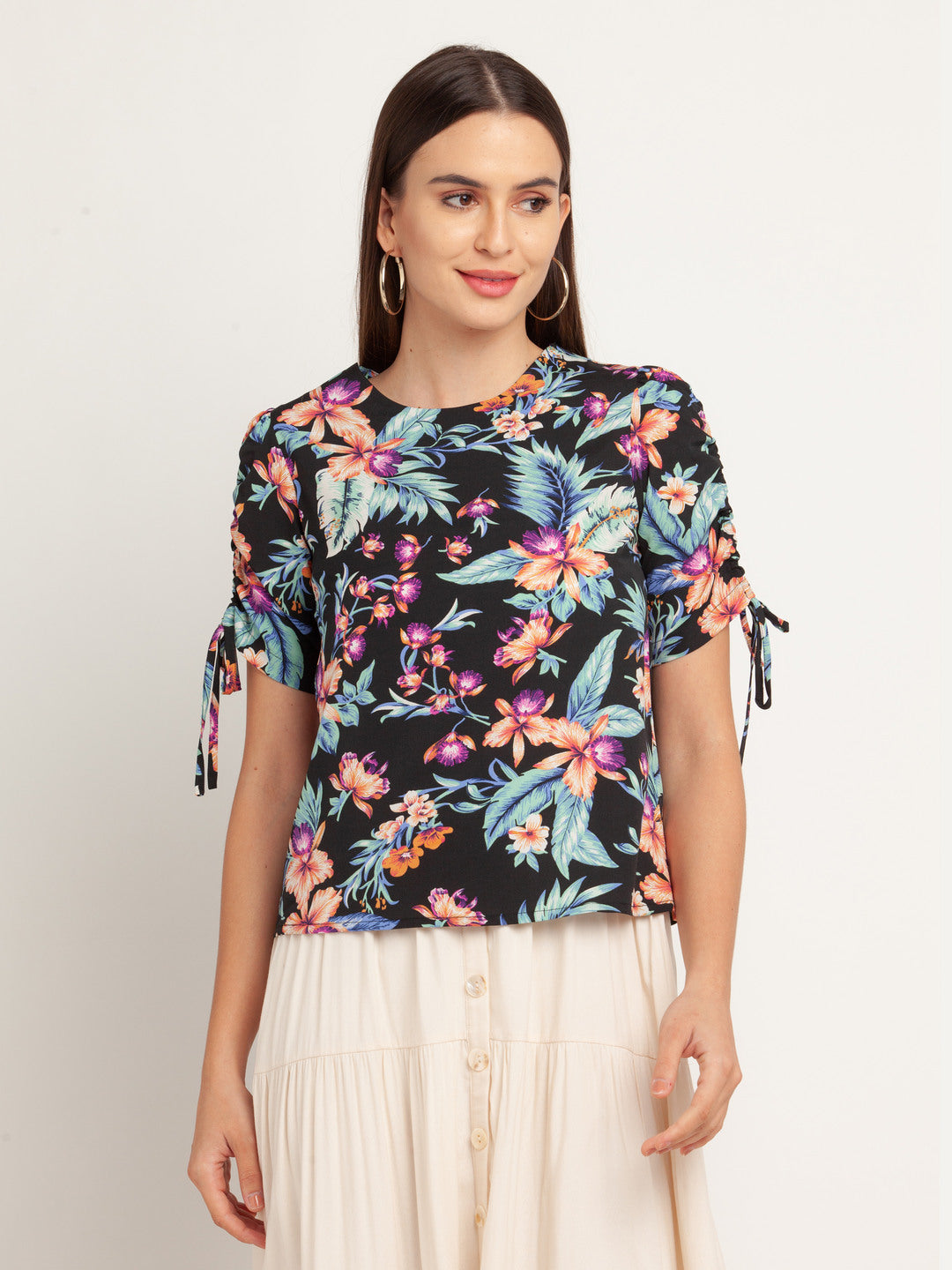 Black Printed Puff Sleeve Top For Women