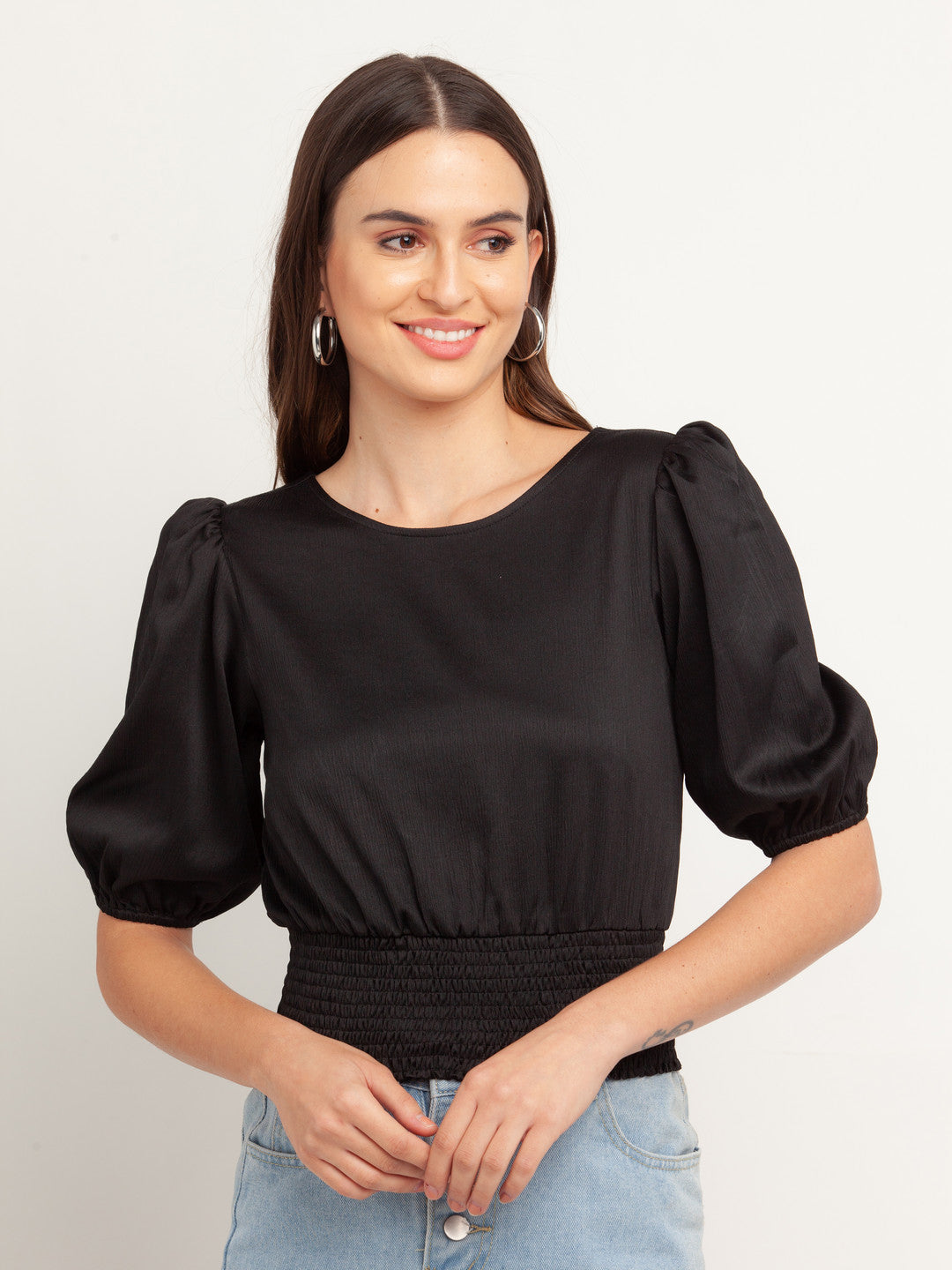 Black Solid Puff Sleeve Top For Women