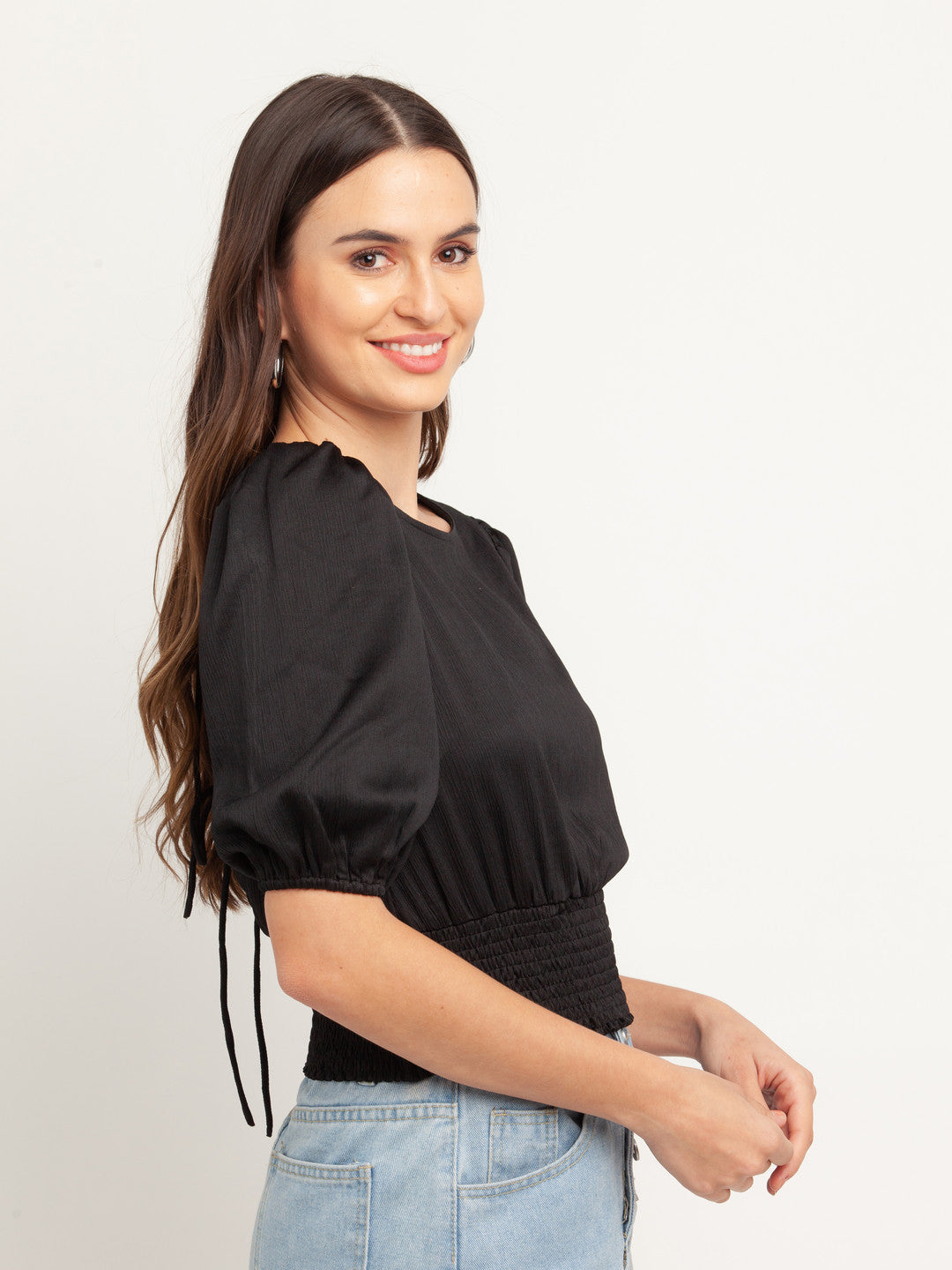 Black Solid Puff Sleeve Top For Women