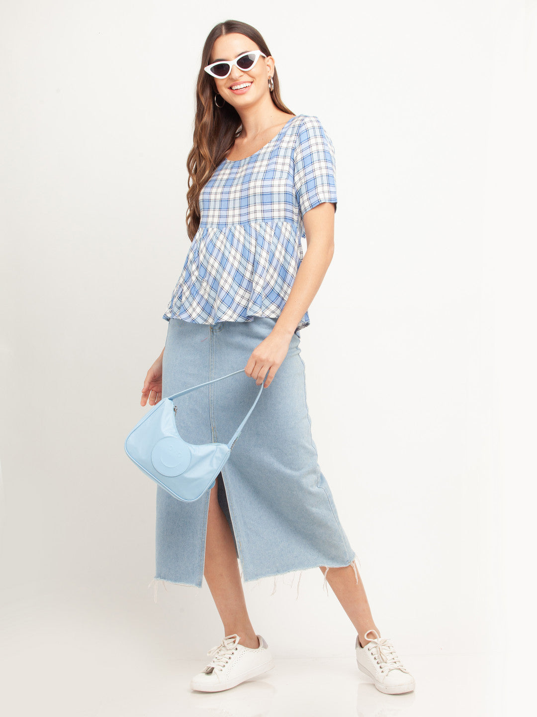 Blue Checked Tie-Up Top For Women
