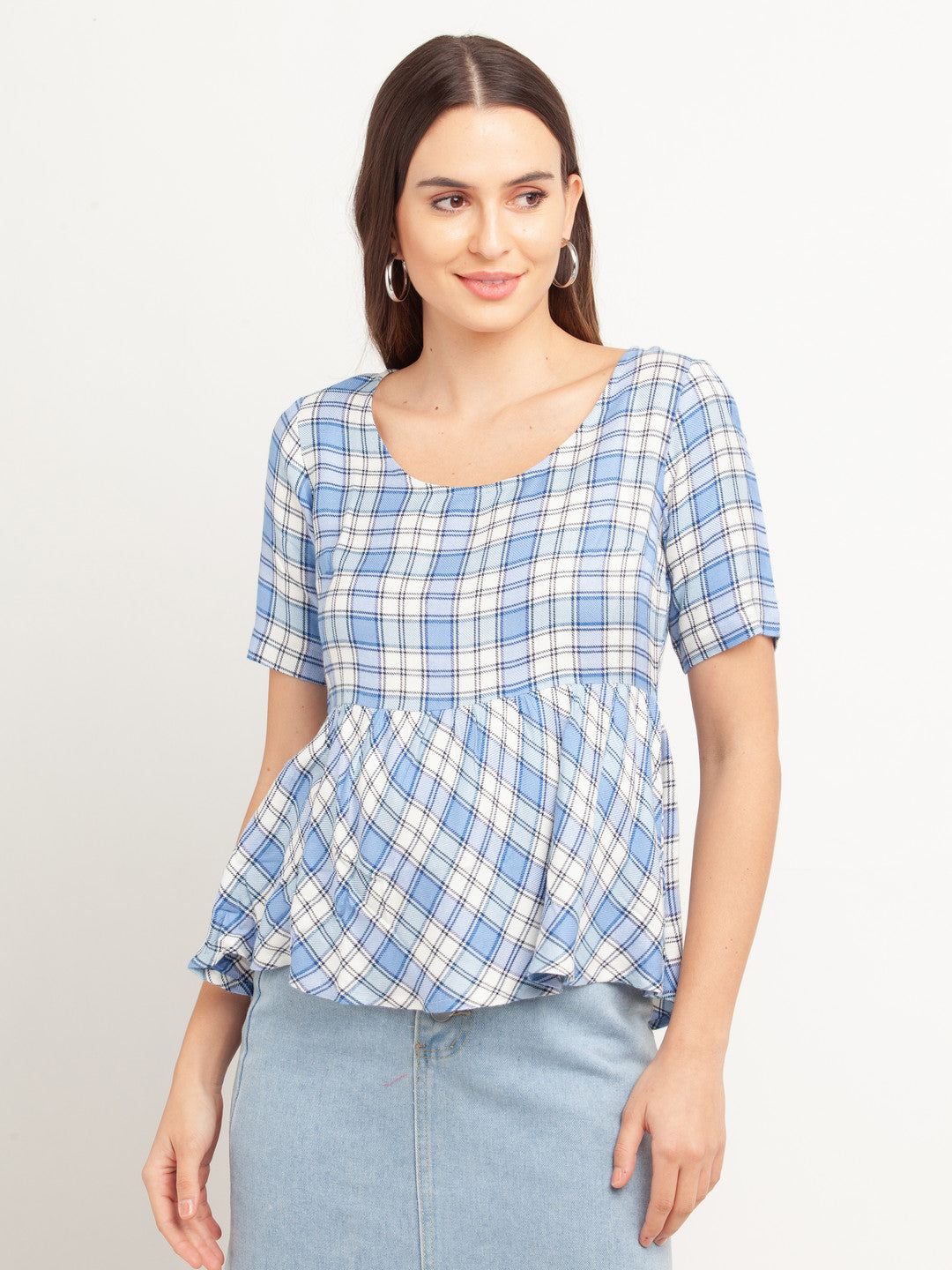 Blue Checked Tie-Up Top For Women